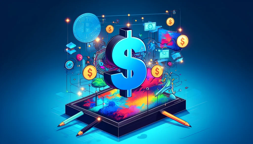  A vibrant illustration of digital art with dollar signs, symbolizing the concept of NFT royalties and how artists earn money through blockchain technology.