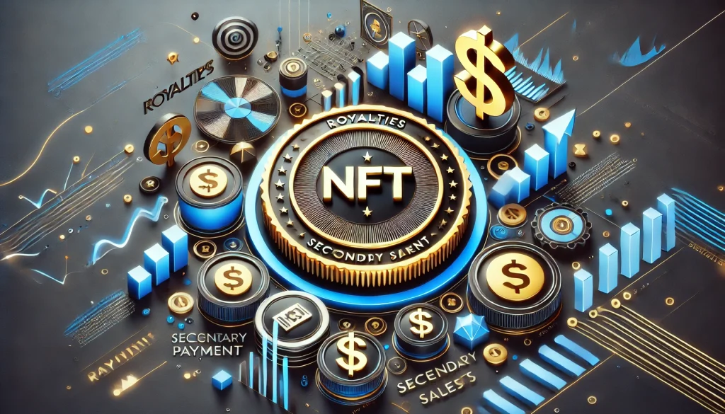 An artistic image showing an NFT token with royalty payment symbols, showcasing how creators continue to earn from secondary sales in the digital space.