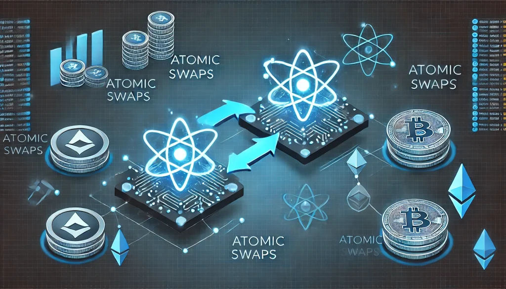 Cryptocurrency atomic swaps showing direct peer-to-peer exchange with blockchain nodes