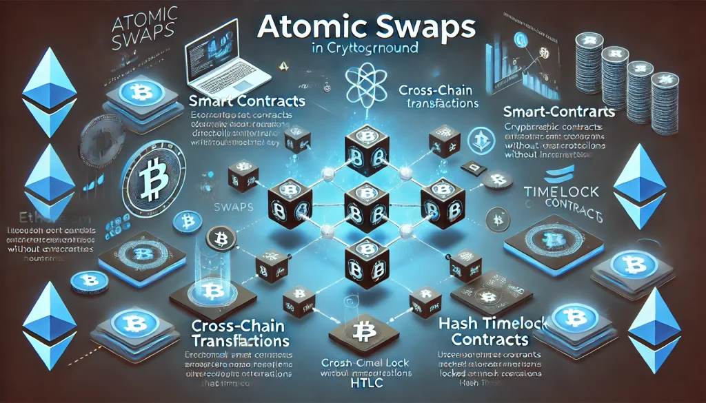 Atomic swaps process with smart contracts, cryptographic keys, and HTLCs across blockchain networks