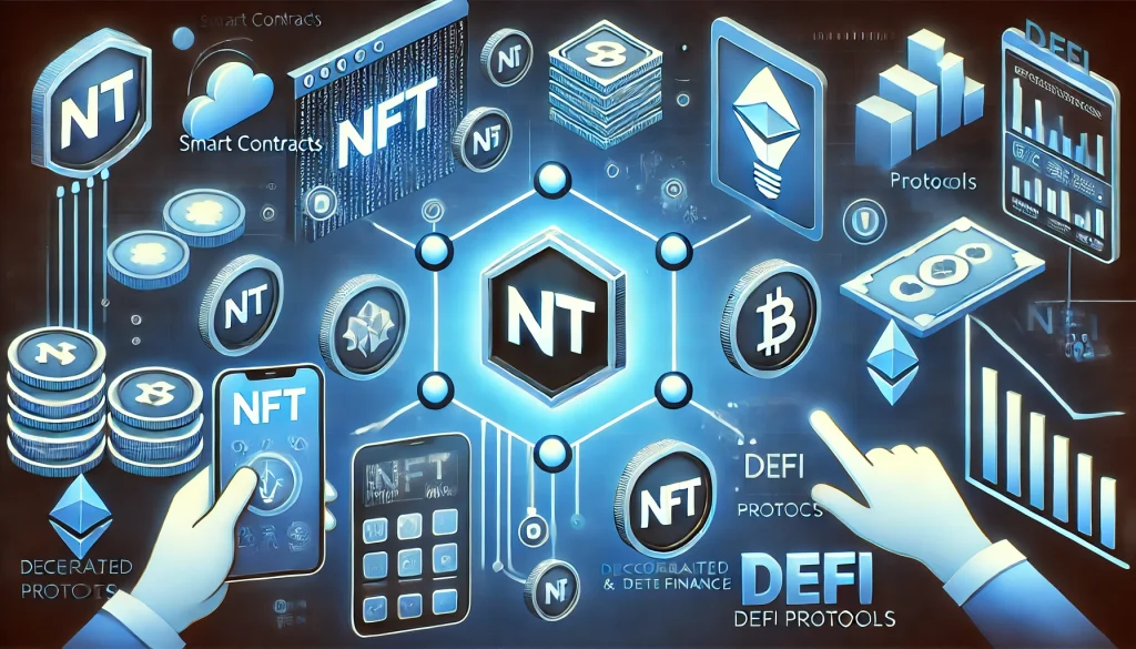 NFTs integrated into DeFi platform with smart contracts, blockchain, and token exchanges