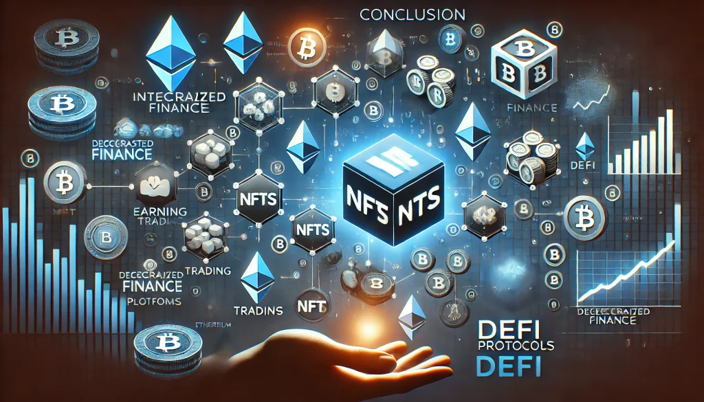 NFTs integrated with DeFi platforms, showcasing earning, trading, and market potential