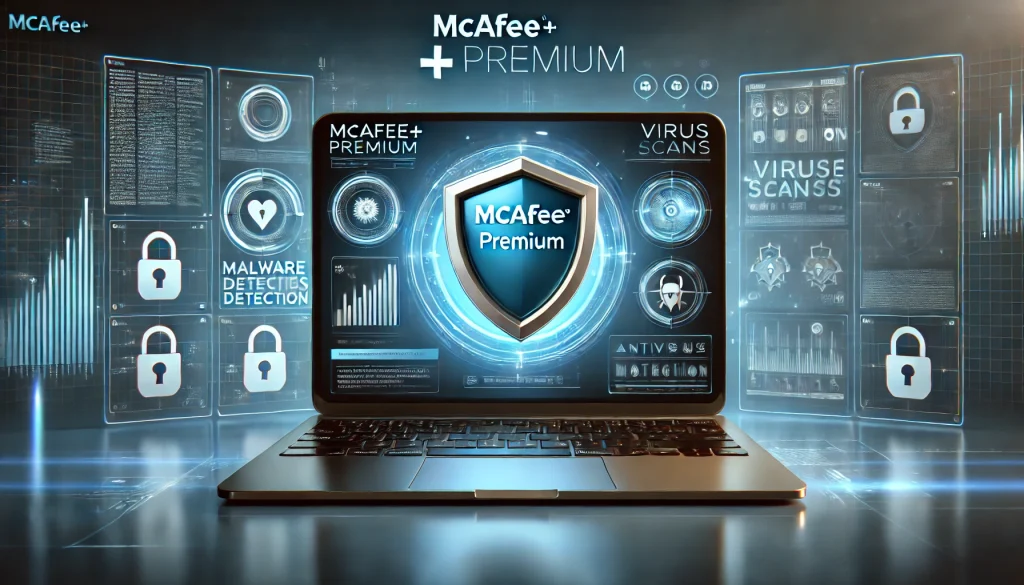 McAfee+ Premium logo with laptop showing antivirus software in action, representing cybersecurity protection