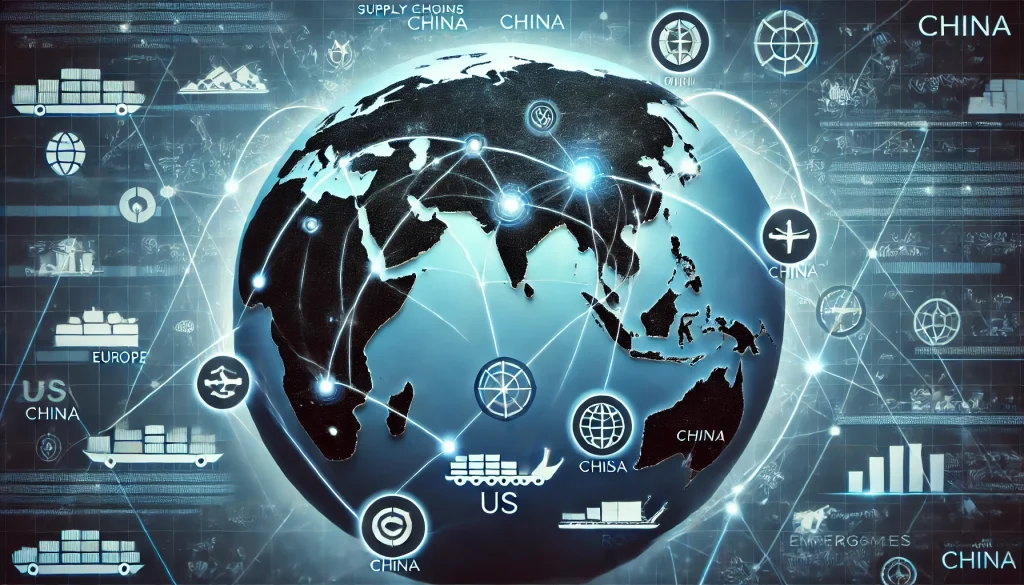 Global map showing supply chain routes between China and other economies, symbolizing global trade interdependence