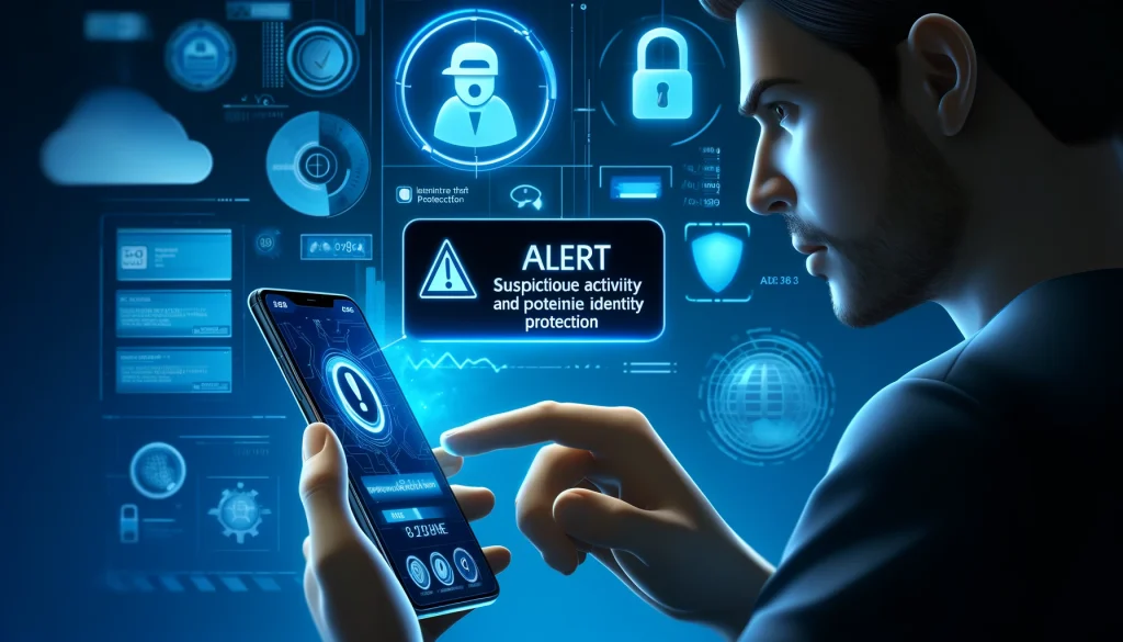 A user receiving a real-time alert from Norton Identity Theft Protection on their phone, notifying them of suspicious activity and potential identity threats