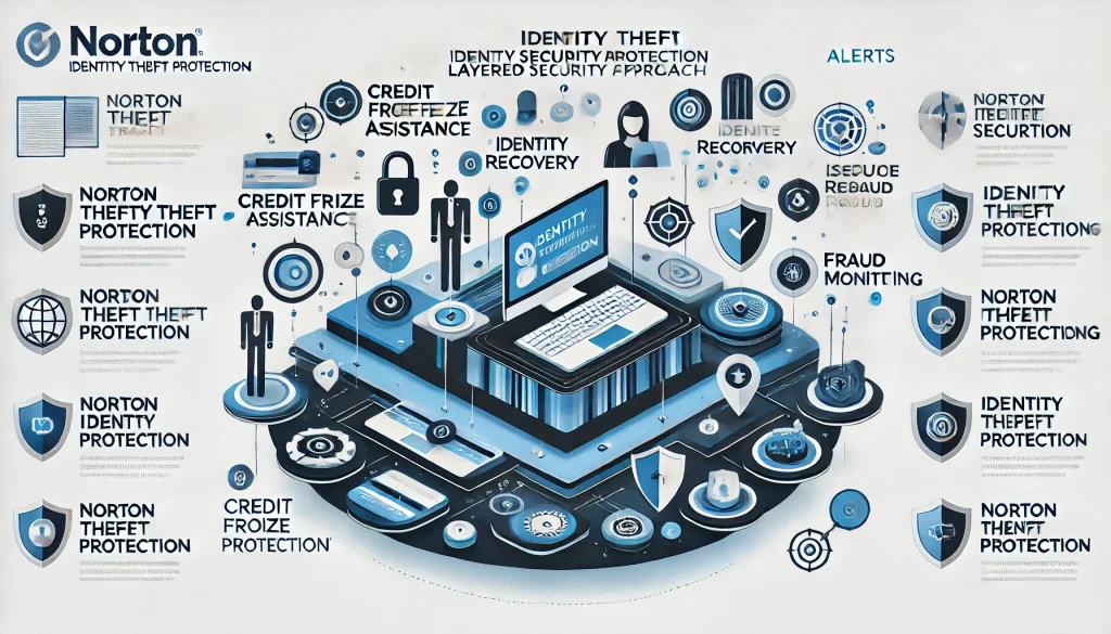 An infographic showcasing Norton Identity Theft Protection's layered security approach, including credit freeze assistance, identity recovery, and fraud monitoring.