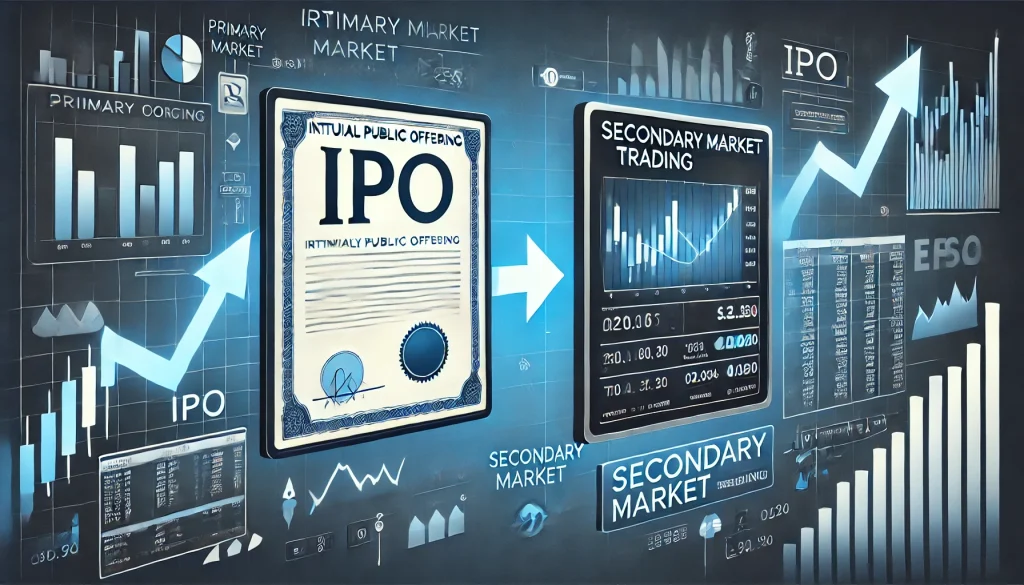 Illustration of primary market IPO with a stock certificate, contrasted with secondary market trading on an exchange, highlighting the differences between both.