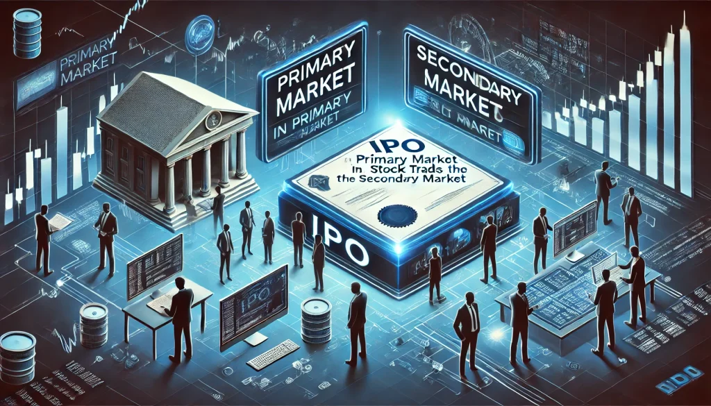 Visual representation of an IPO in the primary market versus stock trades in the secondary market, with key features and players clearly labeled.