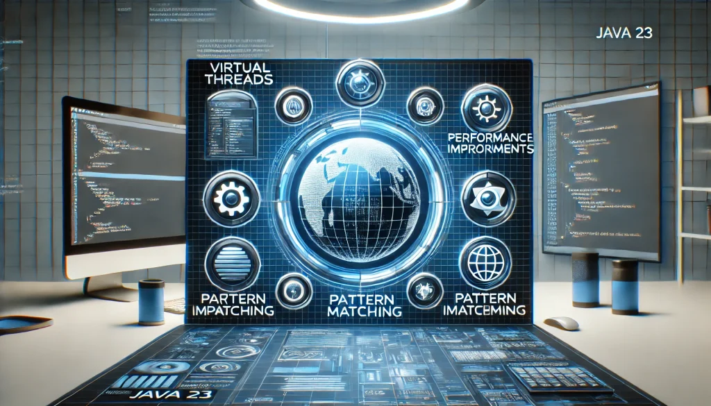 Graphic showcasing new features of Java 23, including virtual threads, pattern matching, and enhanced performance, with a modern development environment in the background.