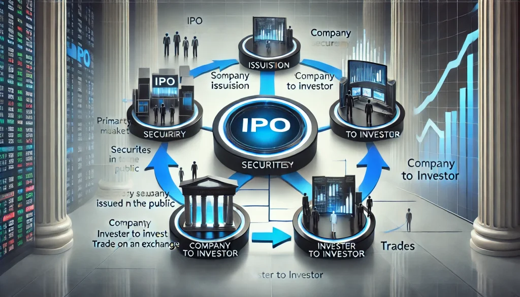 Flowchart contrasting the process of securities being issued to the public in the primary market, with subsequent trading on the secondary market by investors.