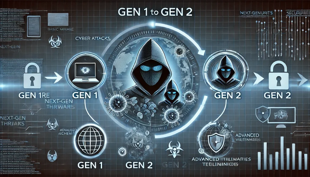 Illustration showing the evolution from Gen 1 to Gen 2 cyber attack, highlighting advanced malware, phishing schemes, and next-gen security vulnerabilities.