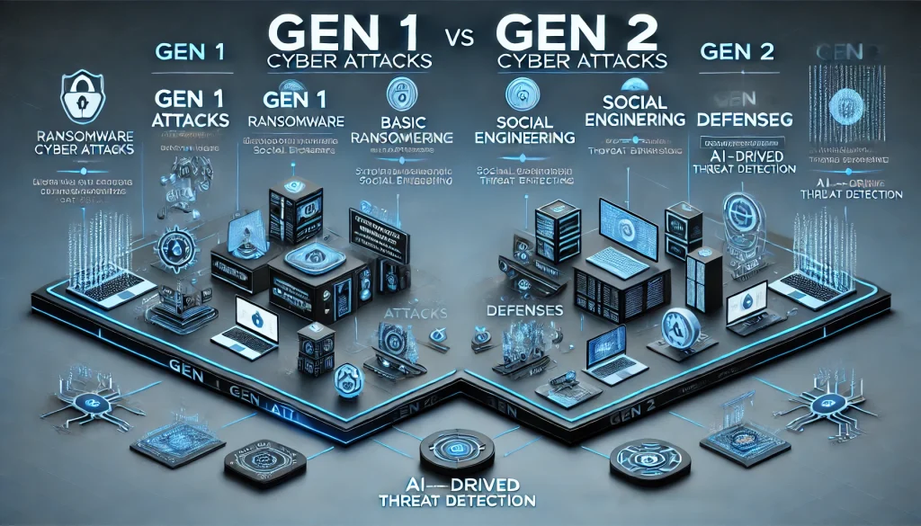 Diagram comparing Gen 1 and Gen 2 cyber attacks, focusing on sophisticated tactics like ransomware, social engineering, and AI-driven threat detection.