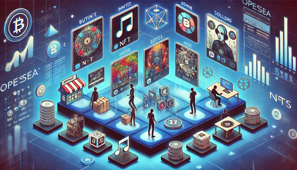 Illustration of users buying and selling NFTs on OpenSea, with digital assets like art, music, and collectibles displayed on a decentralized marketplace.