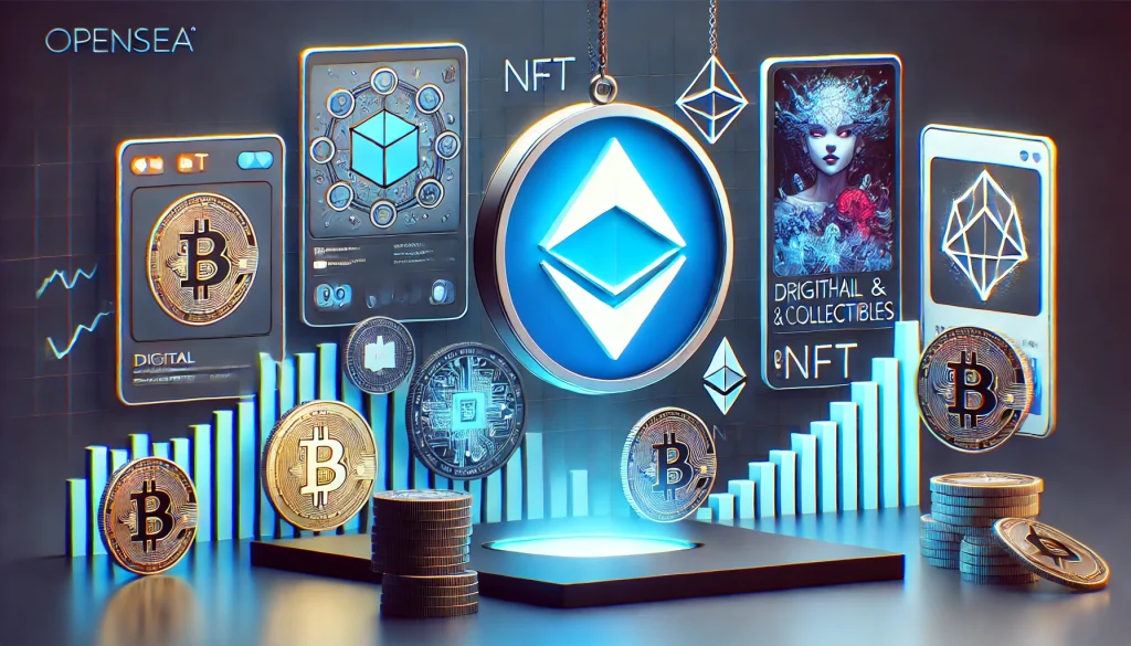 Graphic of the OpenSea logo alongside trending NFTs, emphasizing the platform’s role in the growing world of blockchain-based digital art and collectibles.