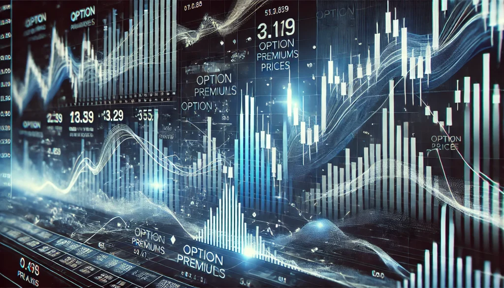 A digital stock market dashboard displaying candlestick charts, option chain, and fluctuating prices, highlighting the dynamic world of options trading.