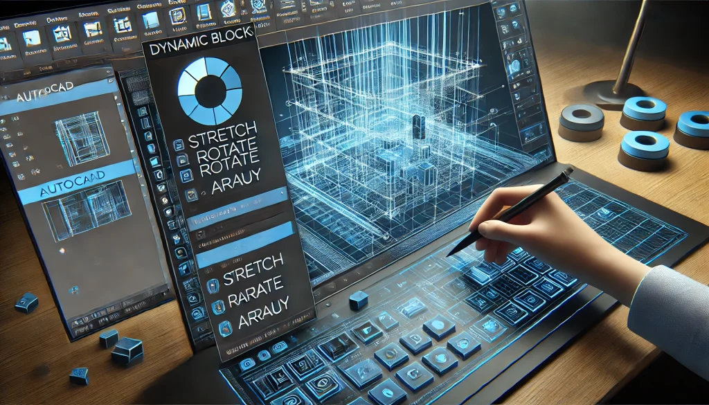 An AutoCAD workspace displaying dynamic blocks being customized with stretch, rotate, and array actions, showcasing the flexibility of design automation.