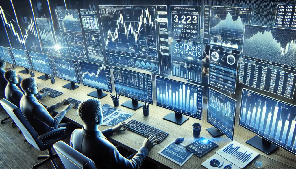 Traders analyzing option contracts on multiple monitors, surrounded by financial data, graphs, and strategy notes in a fast-paced trading environment.