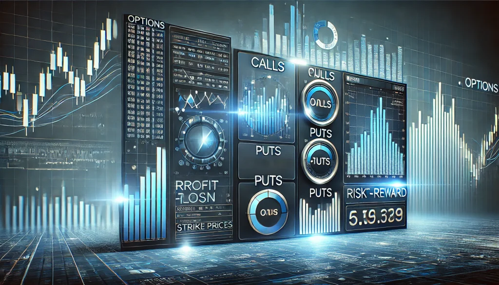  An options trading platform showing calls, puts, and strike prices with a detailed profit-loss chart and a focus on risk-reward strategies for options investors.