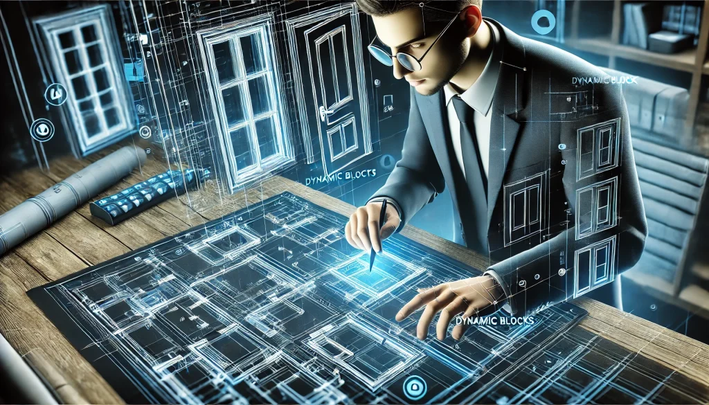 An architect working on a floor plan in AutoCAD, using dynamic blocks to quickly modify and adjust door and window placements with precision.