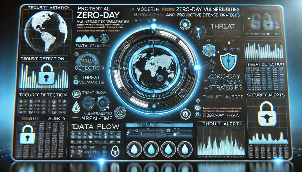 A cybersecurity dashboard monitoring network traffic with alerts for potential zero-day vulnerabilities, showcasing proactive defense strategies.