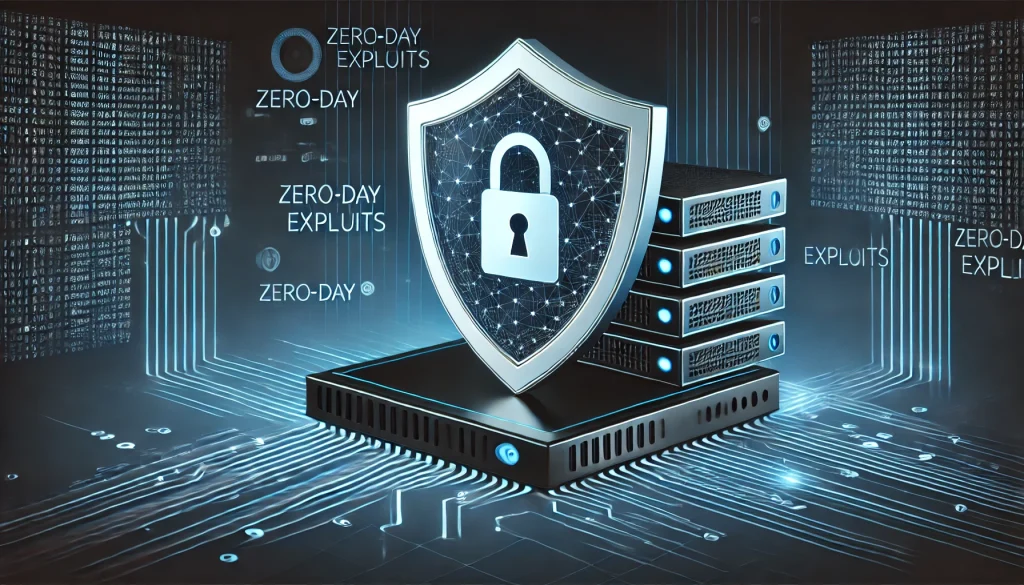 A shield icon protecting a network server from zero-day exploits, with lines of code and firewall layers symbolizing cybersecurity defense mechanisms.