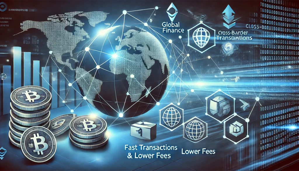 Illustration showing cryptocurrency being used for cross-border transactions and remittances.