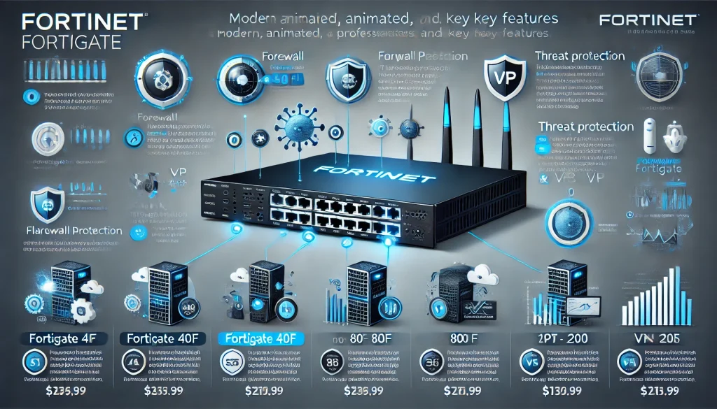  A chart comparing the pricing of different Fortinet FortiGate models and their features.