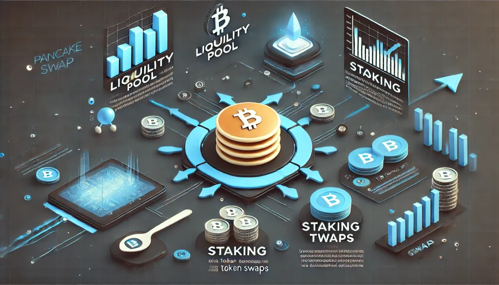 An infographic displaying PancakeSwap’s key features, including liquidity pools, staking, and token swaps.