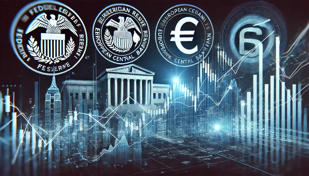 An image of a stock market graph with sharp rises and falls, overlaid by central bank symbols, representing the influence of monetary policy on market volatility.