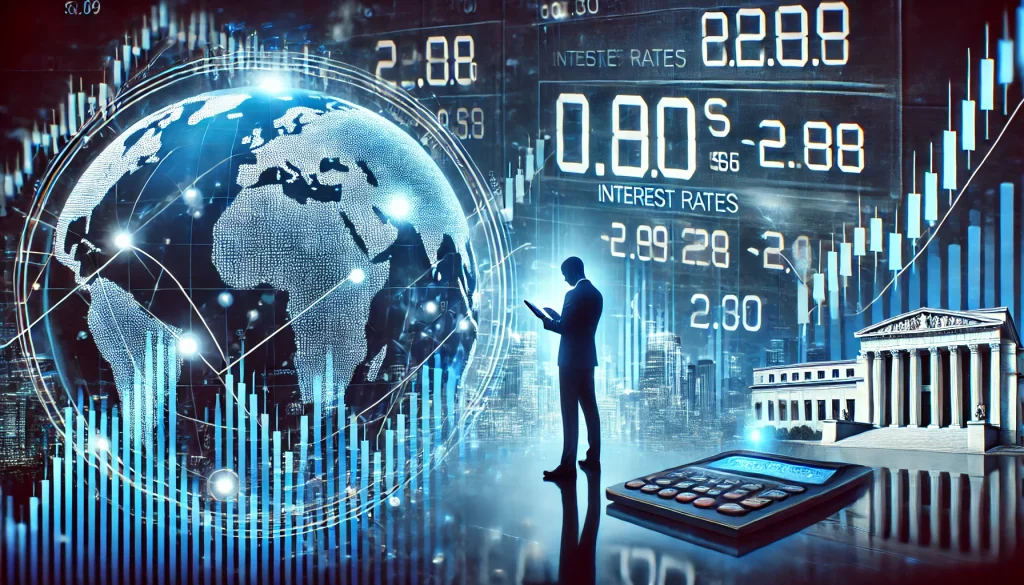 A visual showing central bank figures adjusting interest rates, with stock market tickers in the background reflecting volatility in response to policy changes.