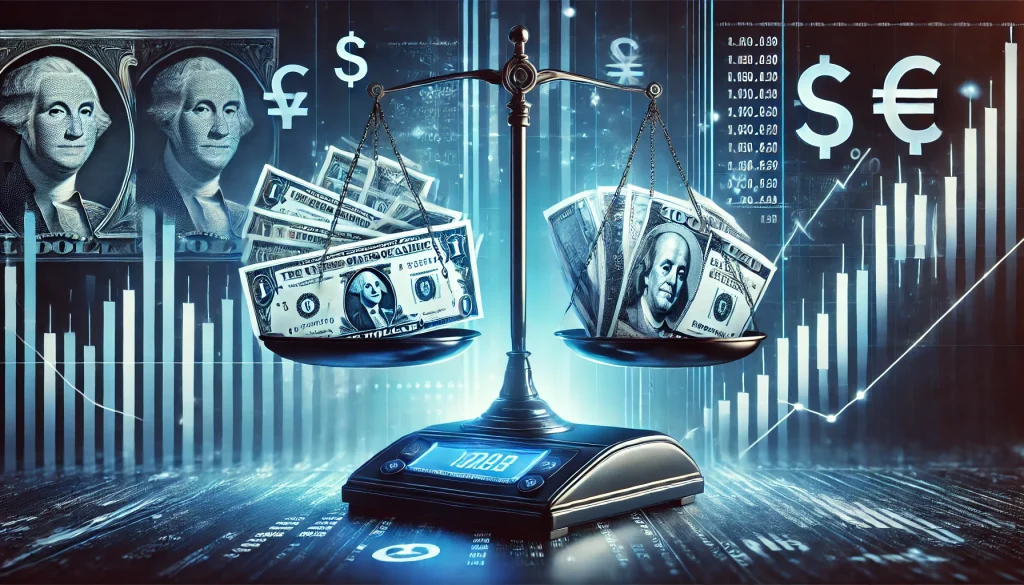 A depiction of the stock market in flux, with a balance scale showing currency on one side and stocks on the other, symbolizing the impact of monetary decisions on volatility.