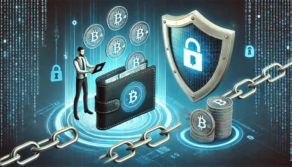  A visual of a user restoring cryptocurrency from a hacked digital wallet, surrounded by chains and a shield representing resilience and protection from ransomware.