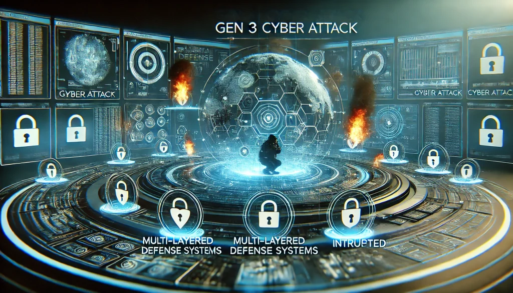 An image showing a futuristic cyber attack with multi-layered defense systems being breached by advanced malware, representing the complexity of a Gen 3 cyber attack.