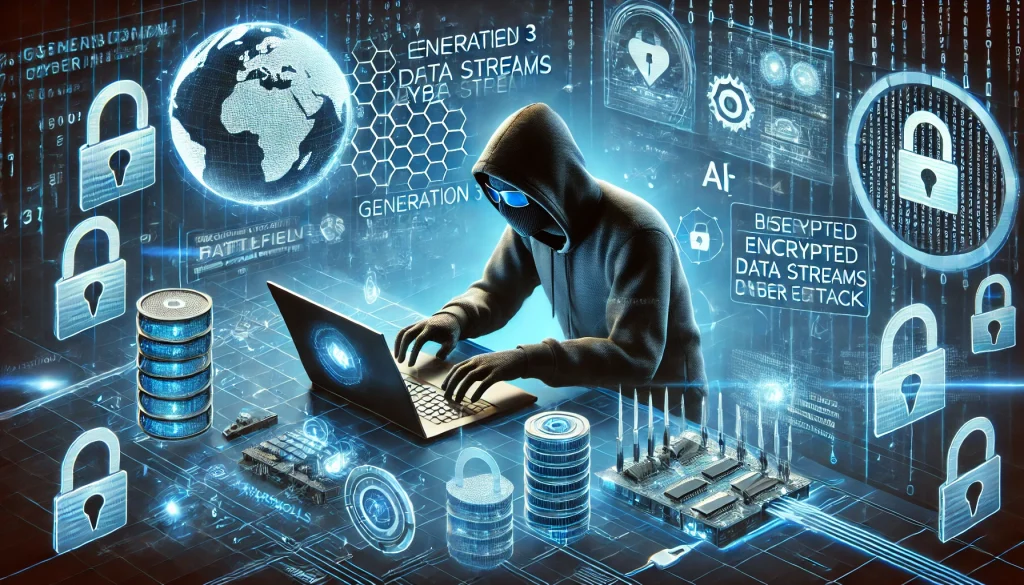 A visual of a hacker using AI-driven tools to bypass firewalls and encryption, with a digital battlefield symbolizing the intensity of a Generation 3 cyber attack.