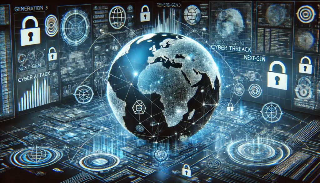 A scene depicting interconnected global networks under siege by next-gen cyber threats, with layers of code and security protocols being overwhelmed in a Gen 3 cyber attack.