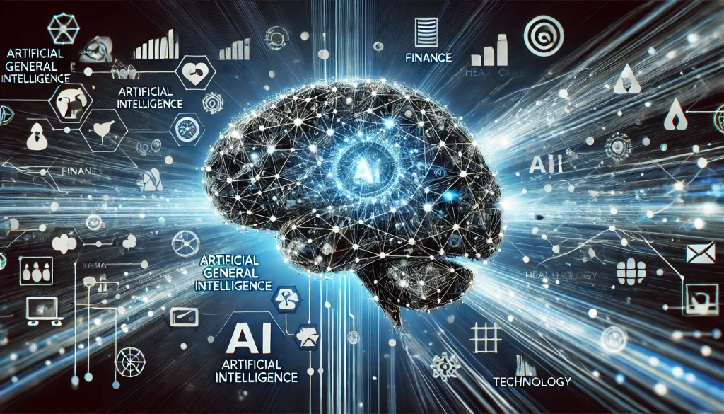 A futuristic AI brain rapidly evolving with interconnected digital networks, symbolizing the acceleration of artificial general intelligence across multiple industries.