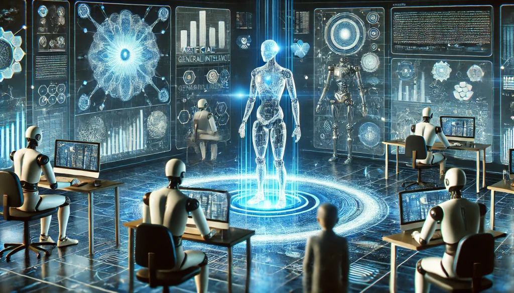 A visual of humanoid robots and advanced AI systems developing in a lab, surrounded by glowing neural networks and data streams, highlighting AGI's accelerated growth.