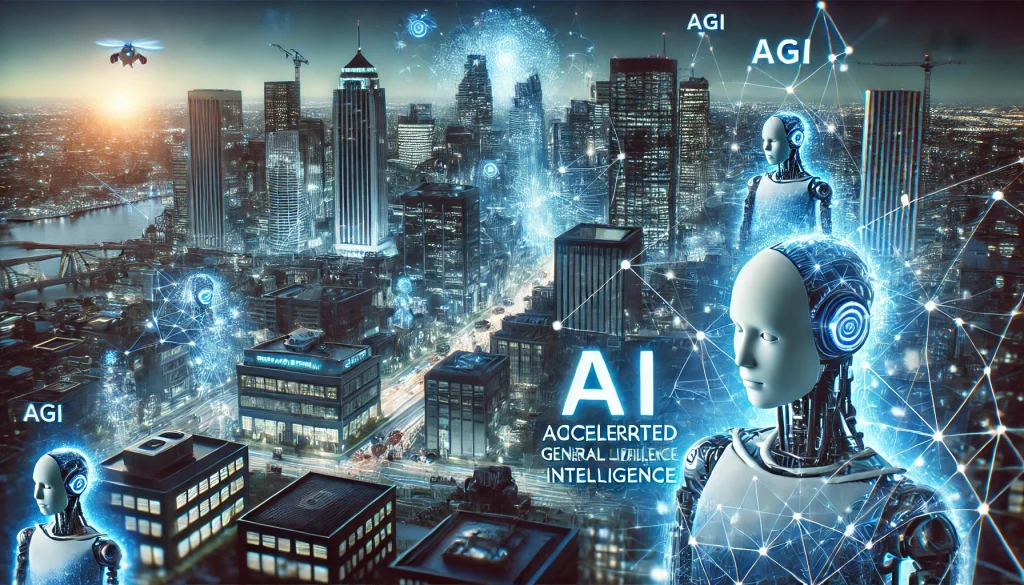 A scene where an AI-powered cityscape is emerging, with self-learning machines and digital infrastructure, symbolizing the future of accelerated artificial general intelligence.