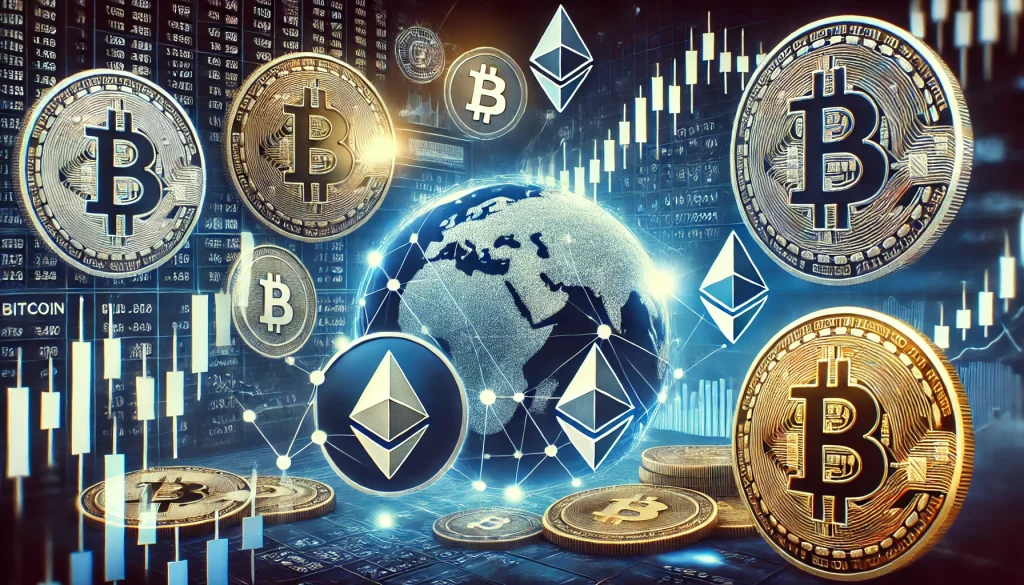 An image showing a traditional stock portfolio with cryptocurrency coins, like Bitcoin and Ethereum, blending into stock charts, symbolizing their integration into investments.