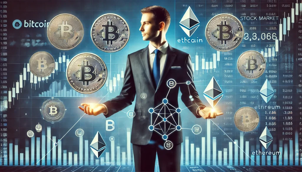  A scene depicting a financial advisor balancing stock market graphs with cryptocurrency logos, illustrating the inclusion of digital currencies in traditional portfolios.