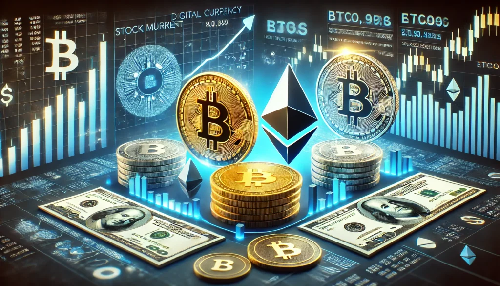  A visual of a stock market portfolio with digital currency symbols alongside traditional stocks and bonds, highlighting the merging of cryptocurrencies and stock investments.