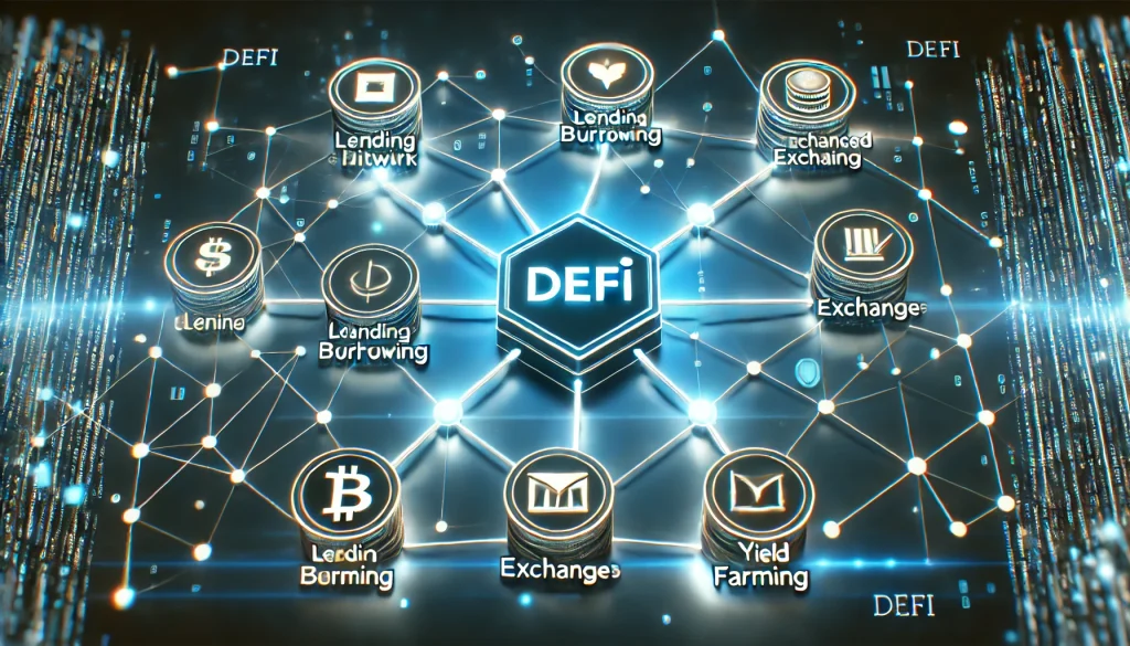 Decentralized network with nodes symbolizing various financial services, illustrating DeFi concept.