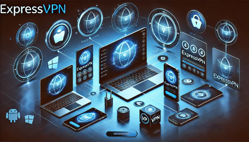 Multiple devices, such as a laptop and smartphone, using ExpressVPN, showcasing its compatibility across platforms.