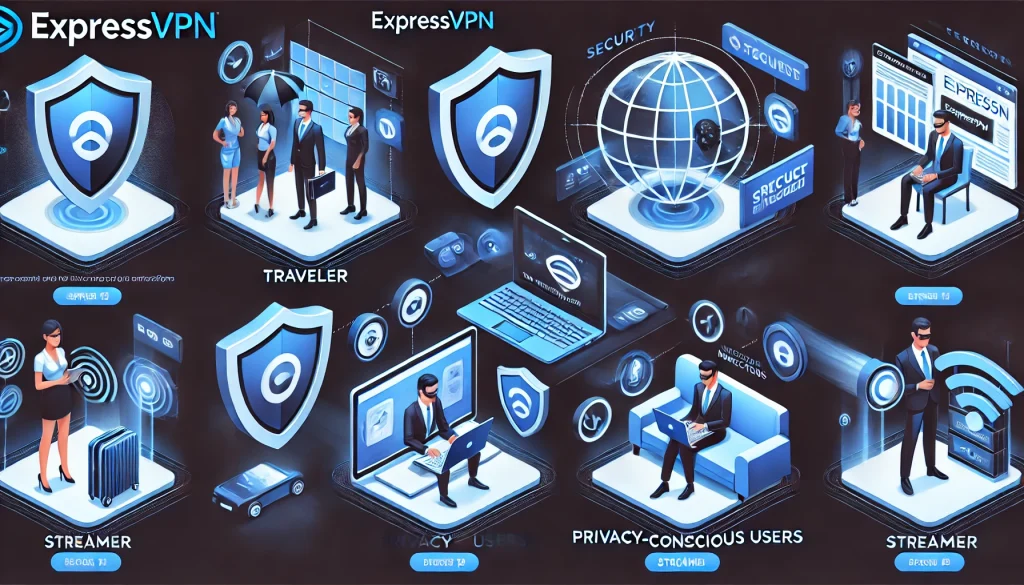 Different user scenarios, such as travelers, privacy-conscious users, and streamers, highlighting how ExpressVPN fits each group's needs.