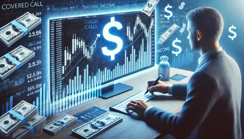 An image of an investor analyzing stock charts while writing covered calls options, with cash flowing from the call contract, symbolizing income generation.