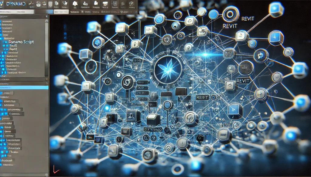 A detailed Dynamo script interface showing nodes connected to automate repetitive tasks in Revit, streamlining design workflows and enhancing project efficiency.