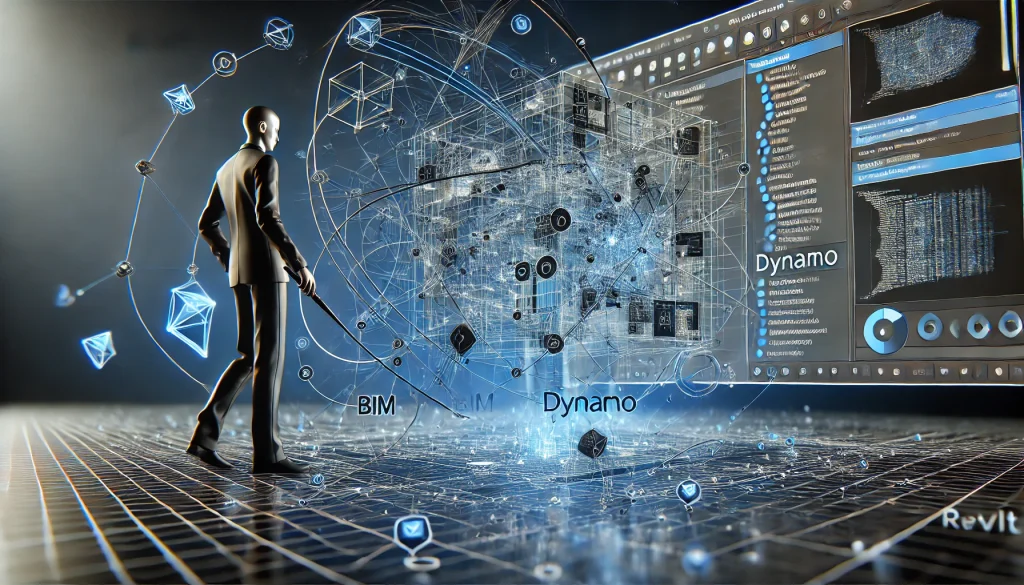 A Revit model with Dynamo script running, automating complex geometry and data management tasks, emphasizing efficient BIM workflow automation.