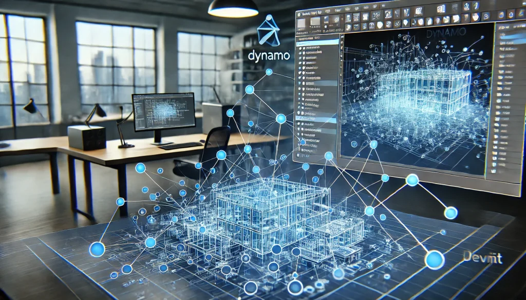 A close-up of a Revit workspace with a Dynamo script visualized, automating model modifications and data handling to demonstrate advanced BIM automation techniques.