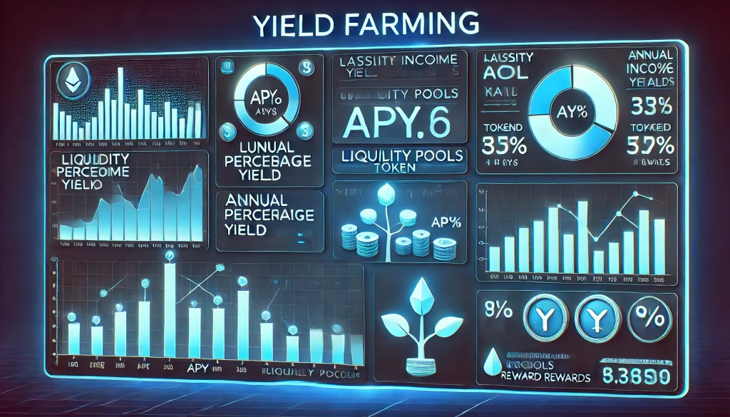 A digital dashboard displaying yield farming metrics with liquidity pools and token rewards, showcasing how investors earn passive income through DeFi strategies.