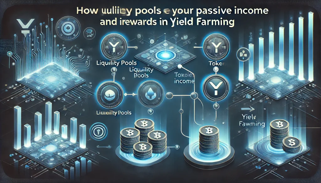  A graphic illustrating liquidity pools and token rewards in yield farming, demonstrating how users maximize passive income by providing assets to decentralized platforms.